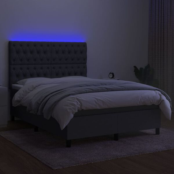 vidaXL Box spring postelja z vzmetnico LED temno siva 140x200 cm blago