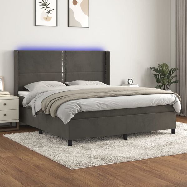 vidaXL Box spring postelja z vzmetnico LED temno siva 160x200 cm žamet