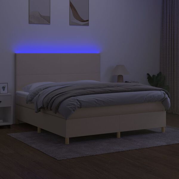 vidaXL Box spring postelja z vzmetnico LED krem 180x200 cm blago