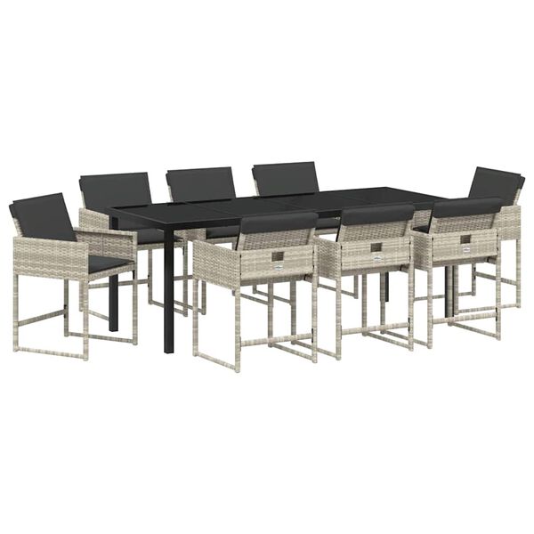vidaXL Komplet za jedilnico v vrtu 9 pcs Svetlo siva poli ratan