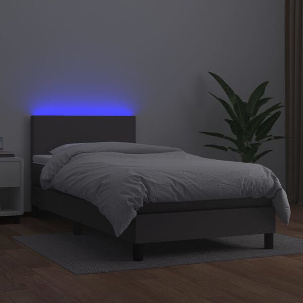vidaXL Box spring postelja z vzmetnico LED siva 90x200 cm umetno usnje