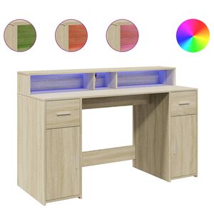 vidaXL Pisalna miza z LED lučkami sonoma hrast 140x55x91 cm inž. les