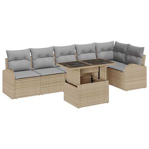 vidaXL Vrtna sedežna garnitura z blazino 7 pcs Bež Poly ratan