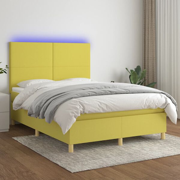 vidaXL Box spring postelja z vzmetnico LED zelena 140x200 cm blago