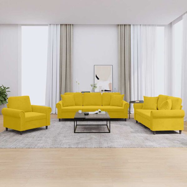 vidaXL Sedežna garnitura 3-delna z vzglavniki rumen žamet