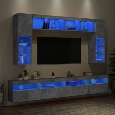 vidaXL Stenske TV omarice z LED lučkami 8 kosov betonsko sive
