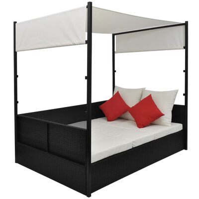 vidaXL Vrtna postelja s streho poli ratan 190x130 cm črna
