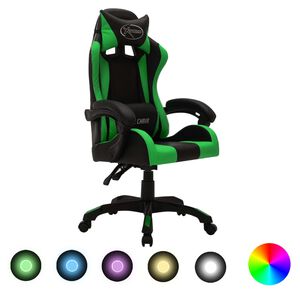 vidaXL Racing stol z RGB LED lučkami zeleno in črno umetno usnje