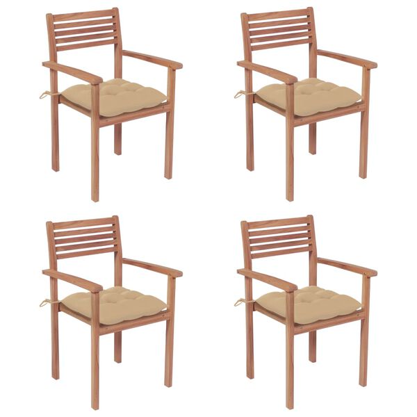 vidaXL Vrtni stoli 4 kosi z bež blazinami trdna tikovina