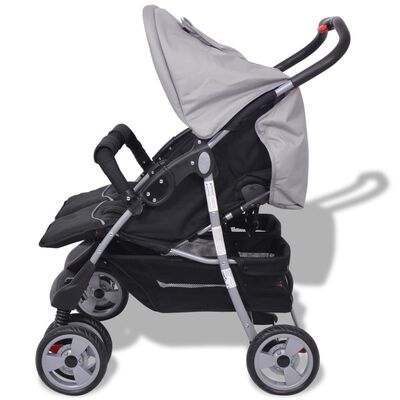 vidaXL Otroški voziček za dvojčke jeklen siv in črn