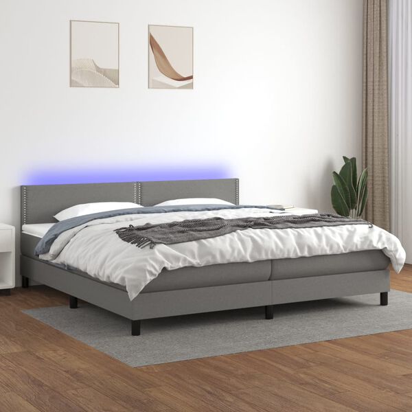 vidaXL Box spring postelja z vzmetnico LED temno siva 200x200 cm blago