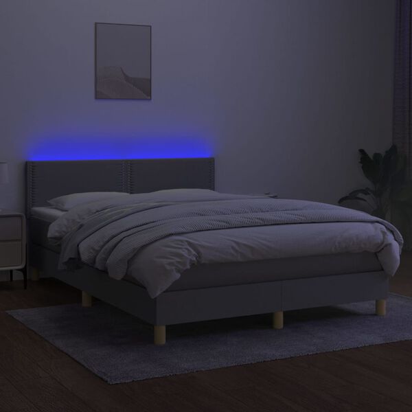 vidaXL Box spring postelja z vzmetnico LED sv. siva 140x200 cm blago