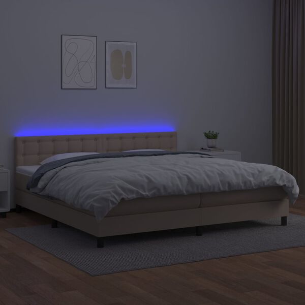 vidaXL Box spring postelja vzmetnico LED kapučino 200x200 cm um. usnje