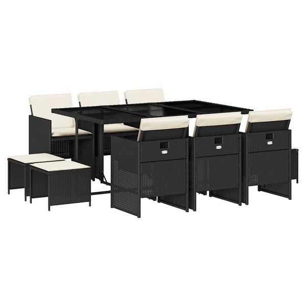 vidaXL Vrtna jedilna garnitura 11-delna z blazinami črna poli ratan