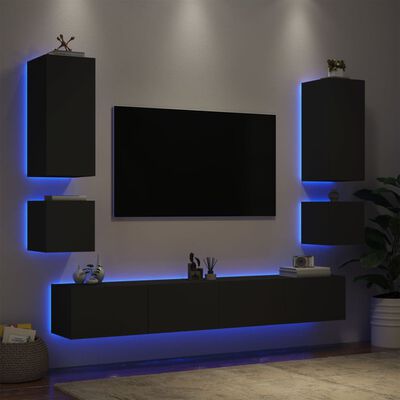 vidaXL Stenske TV omarice z LED lučkami 6 kosov črna