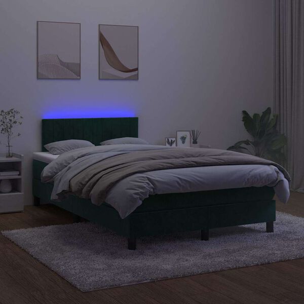 vidaXL Box spring postelja z vzmetnico LED tem. zelena 120x200cm žamet