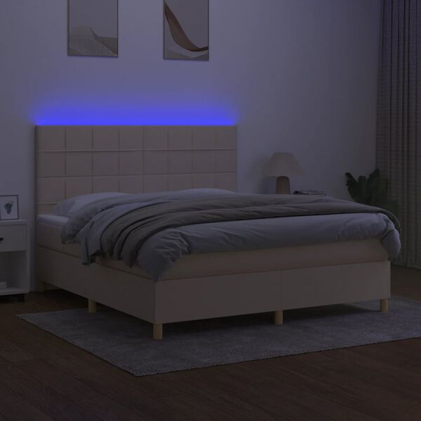 vidaXL Box spring postelja z vzmetnico LED krem 180x200 cm blago
