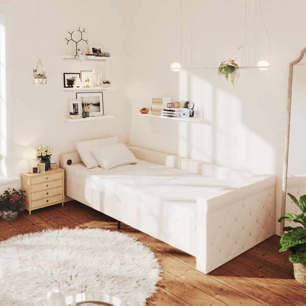 vidaXL Dnevna postelja z vzmetnico USB krem blago 90x200 cm