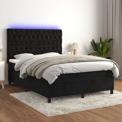 vidaXL Box spring postelja z vzmetnico LED črna 140x190 cm žamet