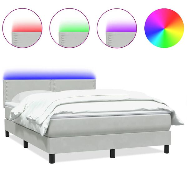vidaXL Box spring postelja z vzmetnico LED svetlo siva 140x220 cm žametna