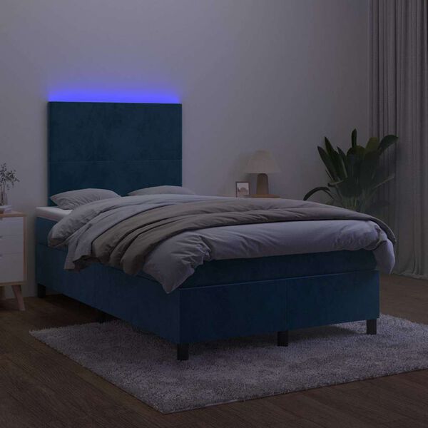vidaXL Box spring postelja z vzmetnico LED tem. modra 120x190 cm žamet