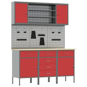 vidaXL Delovna omara s predalom 7 kos Rdeča Inženirski les in jeklo
