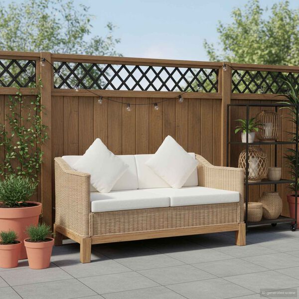 vidaXL Kavč dvosed z blazinami naravni ratan