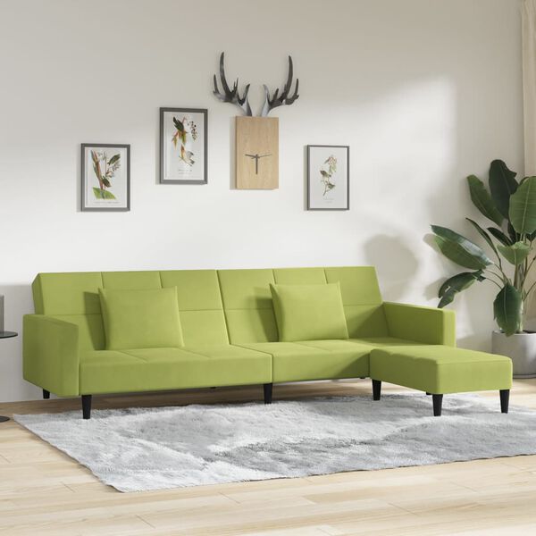 vidaXL Raztegljiv kavč dvosed s stolčkom svetlo zelena žamet