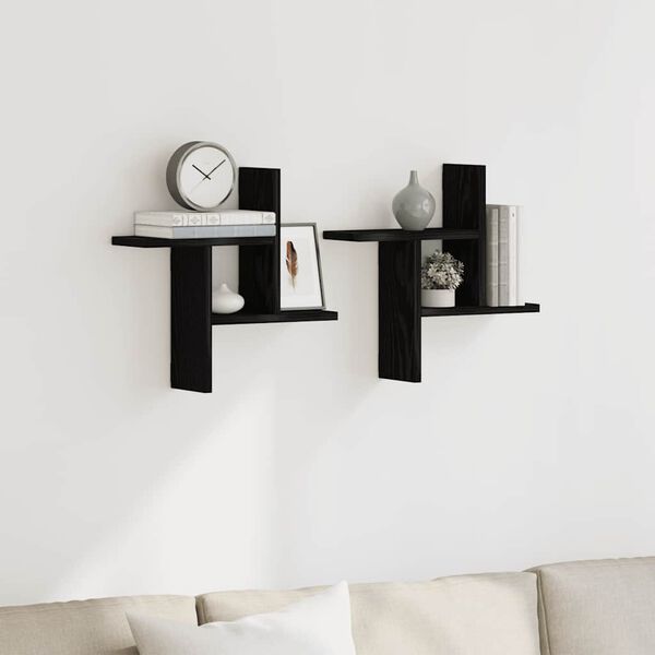 vidaXL Stenska polica 2 kosa črna hrast 38x12x38 cm inženirski les