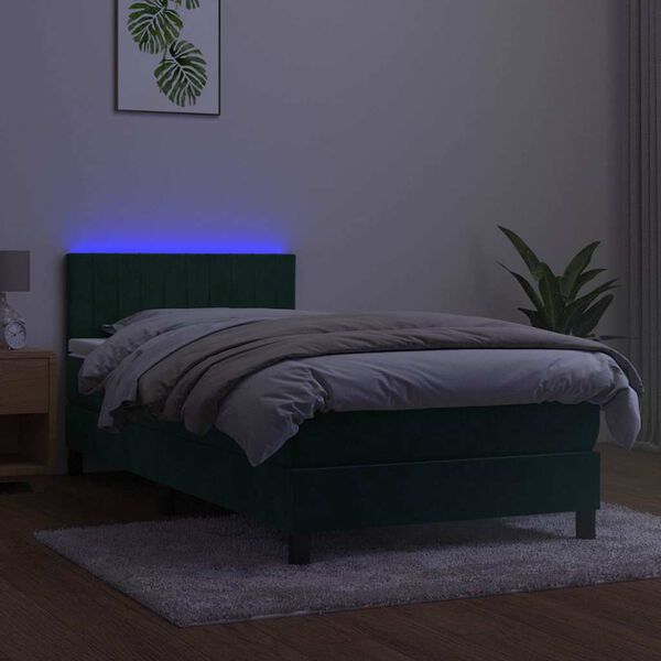 vidaXL Box spring postelja z vzmetnico LED tem. zelena 80x200 cm žamet