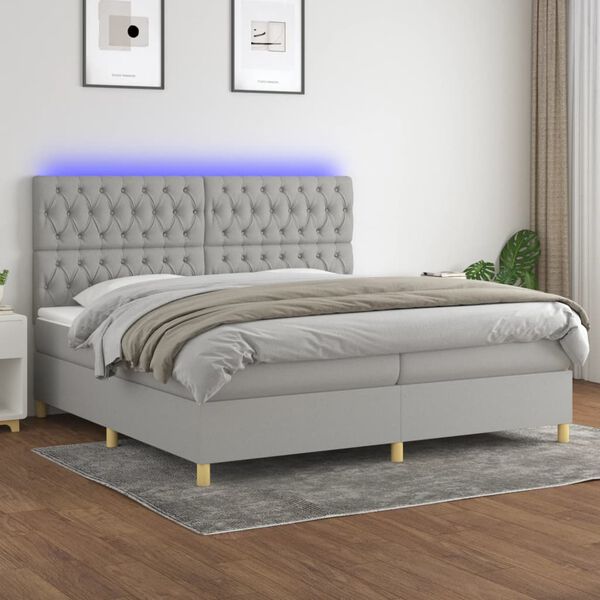 vidaXL Box spring postelja z vzmetnico LED sv. siva 200x200 cm blago