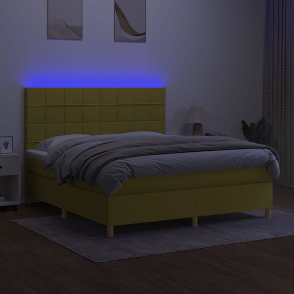 vidaXL Box spring postelja z vzmetnico LED zelena 160x200 cm blago