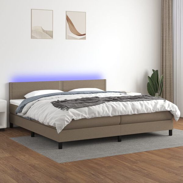 vidaXL Box spring postelja z vzmetnico LED taupe 200x200 cm blago