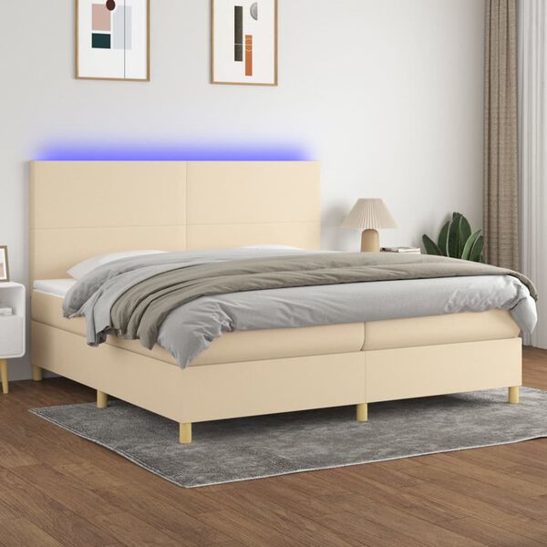 vidaXL Box spring postelja z vzmetnico LED krem 200x200 cm blago