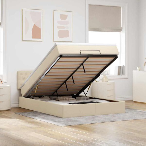 vidaXL Otomanska postelja z vzmetnico & LEDs smetana 140x190 cm