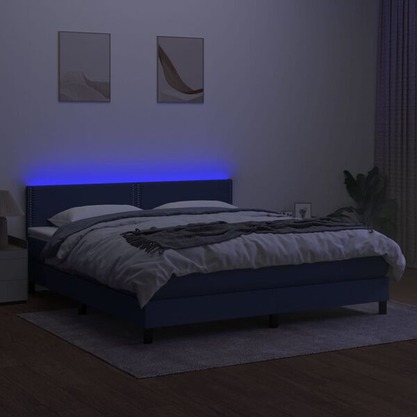 vidaXL Box spring postelja z vzmetnico LED modra 180x200 cm blago