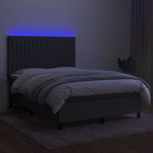 vidaXL Box spring postelja z vzmetnico LED temno siva 140x190 cm blago