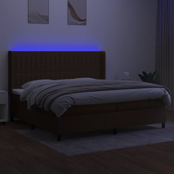 vidaXL Box spring postelja z vzmetnico LED temno rjava 200x200cm blago