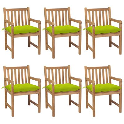 vidaXL Vrtni stoli 6 kosov s svetlo zelenimi blazinami trdna tikovina