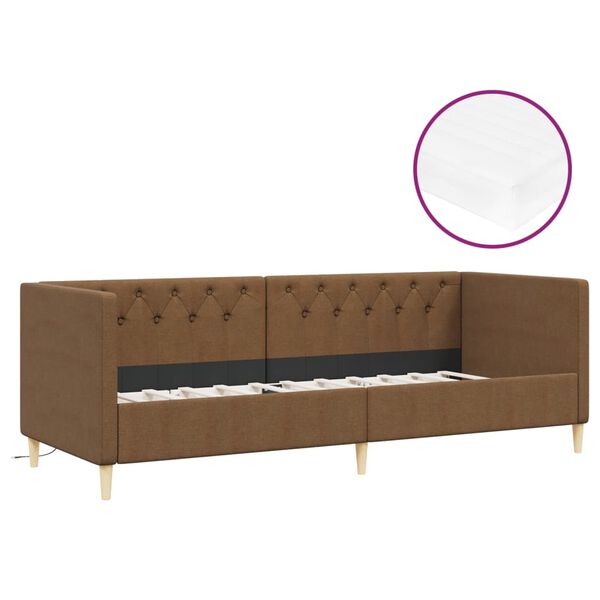 vidaXL Dnevna postelja z vzmetnico USB rjavo blago 90x200 cm
