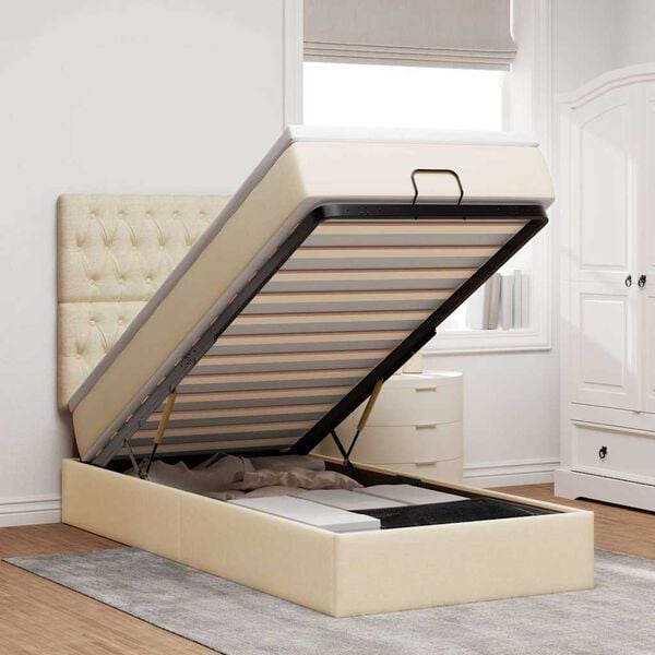 vidaXL Otomanski posteljni okvir z vzmetnico krem 90x190 cm blago