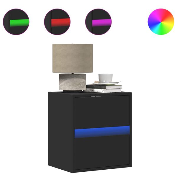 vidaXL Stenska nočna omarica z LED lučkami črna