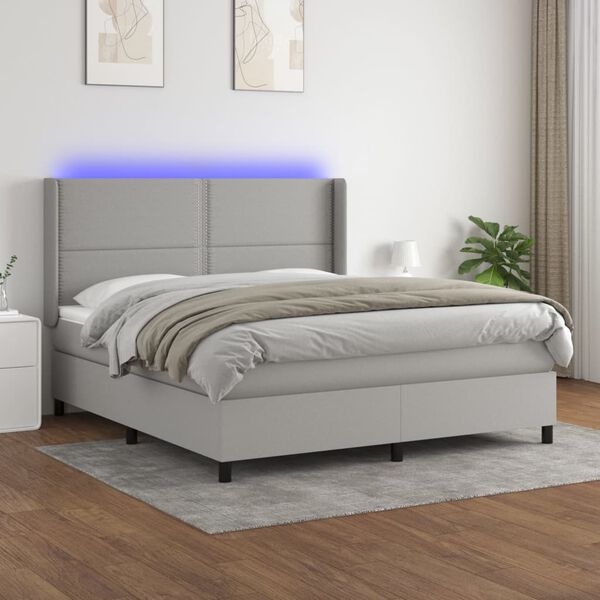 vidaXL Box spring postelja z vzmetnico LED sv. siva 160x200 cm blago