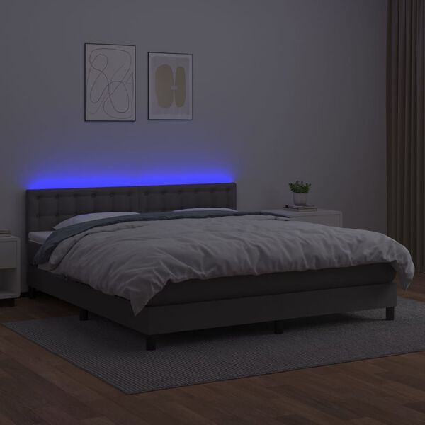 vidaXL Box spring postelja z vzmetnico LED siva 160x200cm umetno usnje