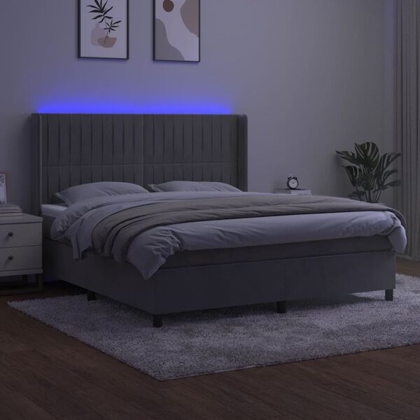 vidaXL Box spring postelja z vzmetnico LED svetlo siva 180x200cm žamet