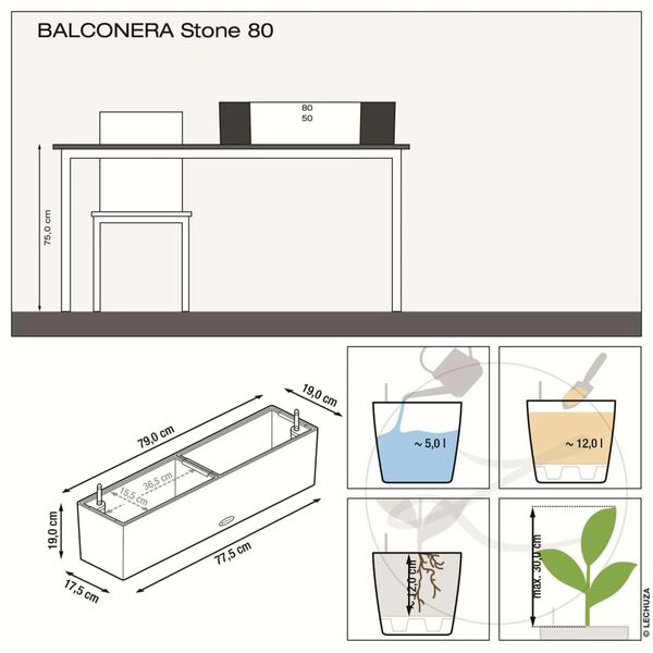 LECHUZA Cvetlično korito BALCONERA Stone 80 ALL-IN-ONE bež