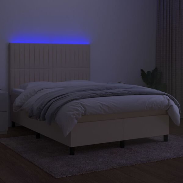 vidaXL Box spring postelja z vzmetnico LED krem 140x190 cm blago
