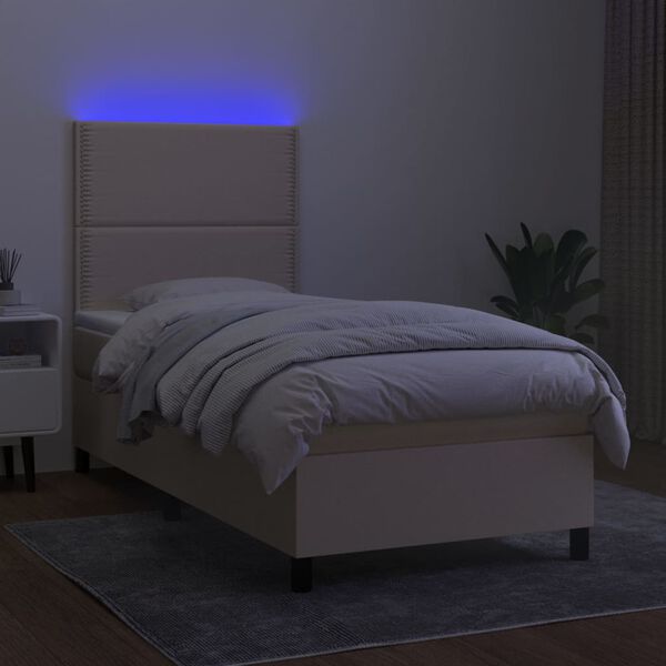 vidaXL Box spring postelja z vzmetnico LED krem 100x200 cm blago