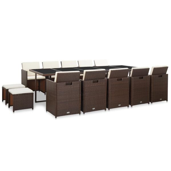 vidaXL Zunanja jedilna garnitura z blazinami 15-delna poli ratan rjava