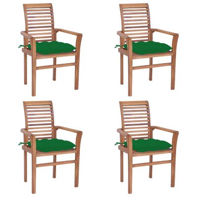 vidaXL Jedilni stoli 4 kosi z zelenimi blazinami trdna tikovina